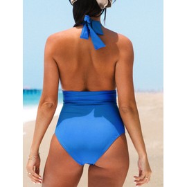 CUPSHE Women Swimsuit One Piece Bathing Suit V Neck Halter Ruched Tummy Control Backless, S Azure Blue