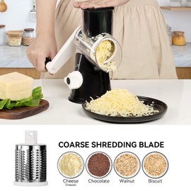 Rotary Cheese Grater Vegetable Shredder with Handle Round Kitchen Mandoline Slicer Grater for Nuts, Vegetable, Chocolate, Chesse - Black - 3 Replaceabe Stainless Steel Blades