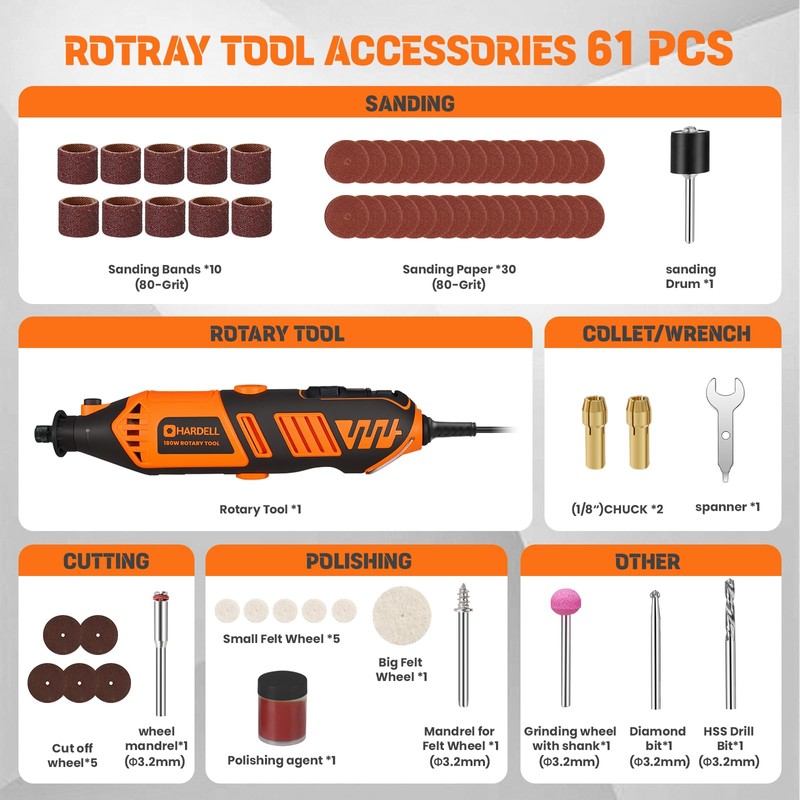HARDELL Rotary Tool Kit - 180W Corded Power Rotary Tool