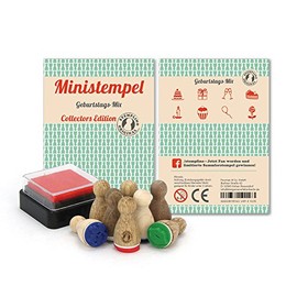 Stemplino Stamp Set Birthday Mix - 8 Mini Stamps Made of Wood Plus Ink Pad, Mini Stamp Set Mix
