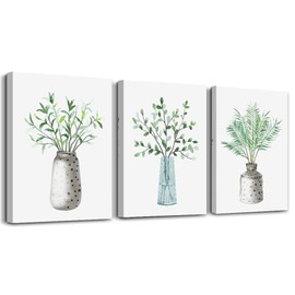 AHUASJART Canvas Wall Art Paintings For Kitchen Dining Room Family Wall Decor For Bedroom Wall Decoration For Living Room Office Decor Green Leaf Vase Wall Pictures Artwork For Home Walls 3 Piece