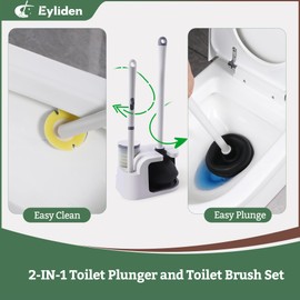 Eyliden Toilet Bowl Wand Kit and Plunger Combo, with 10pcs Refills, Disposable Toilet Brush and Plunger with Holder Set, Quick Change Cleaning Sponges Head, Compact Toilet Bowl Brush Set (White)
