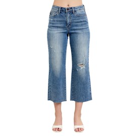 Judy Blue High Waist Back Pocket Embroidery Raw Cut Hem Crop Wide Blue