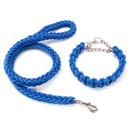 Kabxhueo Strong Rope Dog Lead and Collar Set 4FT Durable Braided Dog Collars and Leads Set Nylon Rope Leashes with Heavy Duty Clips Slip Lead Collar with Metal Chain for Small Medium Large Dogs, Blue
