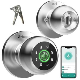 GHome Smart 4-in-1 Fingerprint Knob with Keypad, App Control and Keyless Entry Lock for Home, Bedroom, Apartment, Offices, Garages - Model K10PRO - Color: Silver