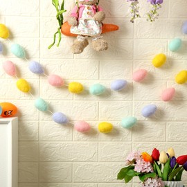 Riceshoot 2 Pcs Easter Egg Garland Pastel Easter Felt Ball Hanging Garland Banner for Party Decoration and Supply