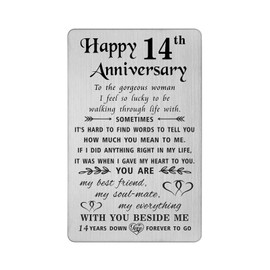 TANWIH 14th Anniversary Card for Wife - 14 Years Down Forever to Go - 14 Year Wedding Anniversary Card Gifts for Her Women, Engraved Metal Wallet Card