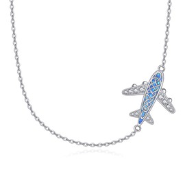 ZPMMPZ Airplane Sideways Choker Necklace S925 Sterling Silver Blue Opal Aircraft Pendant Celtic Airplane Jelwery Gifts for Women Stewardess Flight Attendants