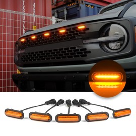 5 Pcs Front LED Grill Lights Compatible with Ford Bronco Accessories 2021 2022 2023 2024 2/4 Door Badlands Wildtrak Everglades & First Edition with Fuse & Wiring Harness (Amber Light with Amber Shell)