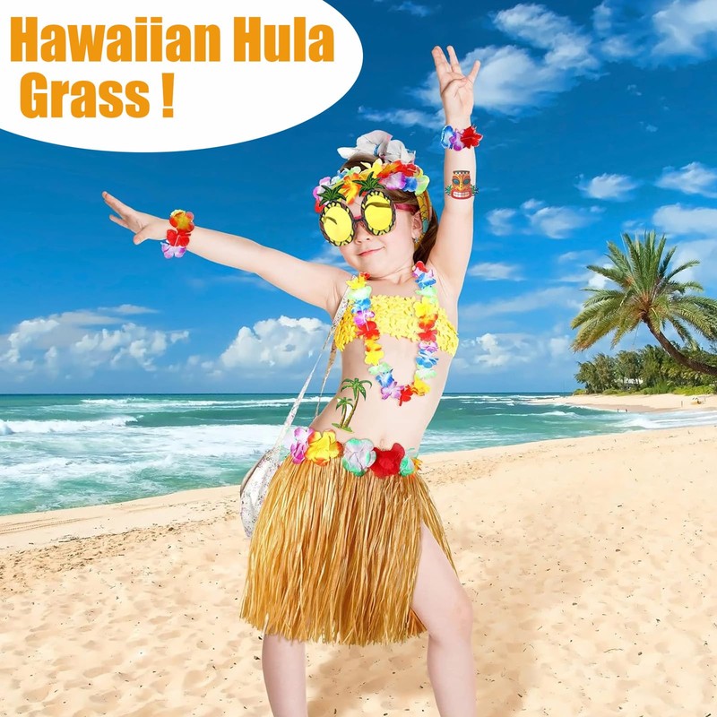 Hawaiian Fancy Dress Women, 8-Piece Tropical Party Set with Grass