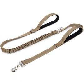 Double Handle Tactical Dog Leash with Shock Absorption, 5FT Reflective Heavy Duty Bungee Dog Leash for Medium Large Pull Dogs Walking Training, Coyote Brown