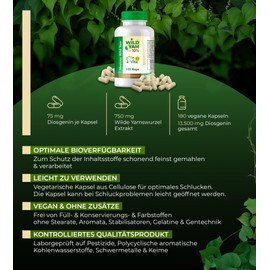 Wild Yam Capsules, 1500 mg Mexican Wild Yam Root per Daily Dose, Vegan, Free from Additives and Laboratory Tested Quality, 180 Capsules