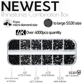 qiipii 4010pcs Nail Art Rhinestones Black Flatback Rhinestones Nail Charms 6 Sizes (1.6-6.1 mm) Up to SS30 Glass Nail Stones Gems Jewels w Picking Pen, Tweezer for Manicure DIY Craft Eyes Face Makeup