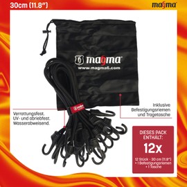MAGMA Tensioning Rubber Set of 12, Robust Quick Release for Bicycle, Car, Truck, Trailer & Garden Expander for Securing Tarps, Cargo and Tarpaulins for Camping, Military and Outdoor (30 cm, Black)