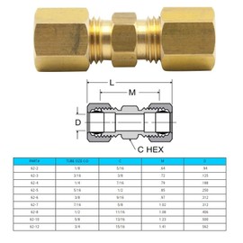 Legines Brass Compression Tube Fitting, Union, 1/8" OD x 1/8" OD, Pack of 2