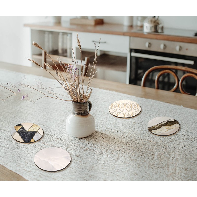 4 x Round Art Deco Coasters - Beige Agate Marble