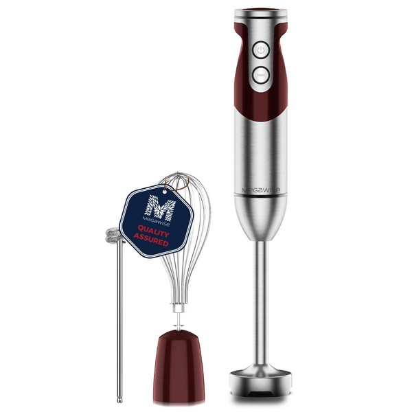 MegaWise Pro Titanium Reinforced 3-in-1 Immersion Hand Blender, Powerful 1000W with 80% Sharper Blades, 12-Speed Corded Blender, IncludingWhisk and Milk Frother (3-in 1 Red)