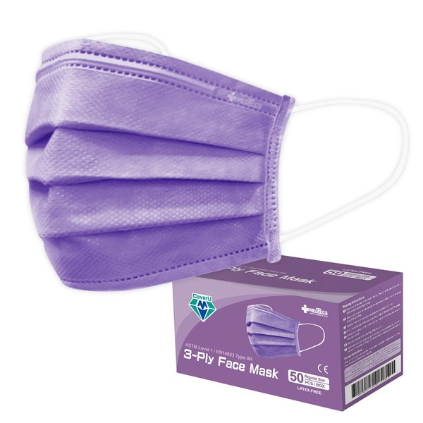 Medtecs Face Mask Disposable - 50/2000 PCS - Comfortable 3 Layer Breathable Mask, The Better Protection and Health Choice - CoverU Adult Mask - 50 PCS/Box - Lavender