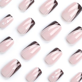 French Tip fake Nails Valentine's Day Press on Nails Medium Gold Glitters False Nails with Designs Square Acrylic Nail Artificial White Lines Stick on Nails Full Cover Glue on Nails for Women Girls