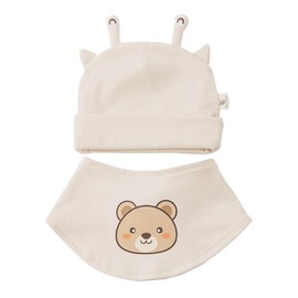 HEOXIN Newborn Baby Hat and Dribble Bibs, Toddler Soft Winter Beanie Dribble Bibs with Bear Pattern, Kids Infant Cute Caps for 0-8 Months Baby Girl Boy Unisex, One Size, Beige