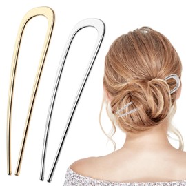 2pcs French Hair Pins, Metal U Shaped Hair Fork Sticks Metal Hairpin Elegant Updo Chignon Pins Extra Long French Hair Pin for Women Girls Buns Hair Styling Accessories (1 Gold & 1 Silver)