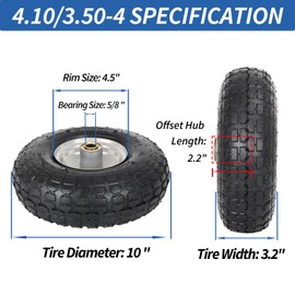 GICOOL 4.10/3.50-4 Pneumatic Tire, 10" Tire and Wheel, 4 Pack, with 2.25" Offset Hub, 5/8" Axle Bore Hole, Sealed Bearings, for Hand Truck Trolley Dolly Cart