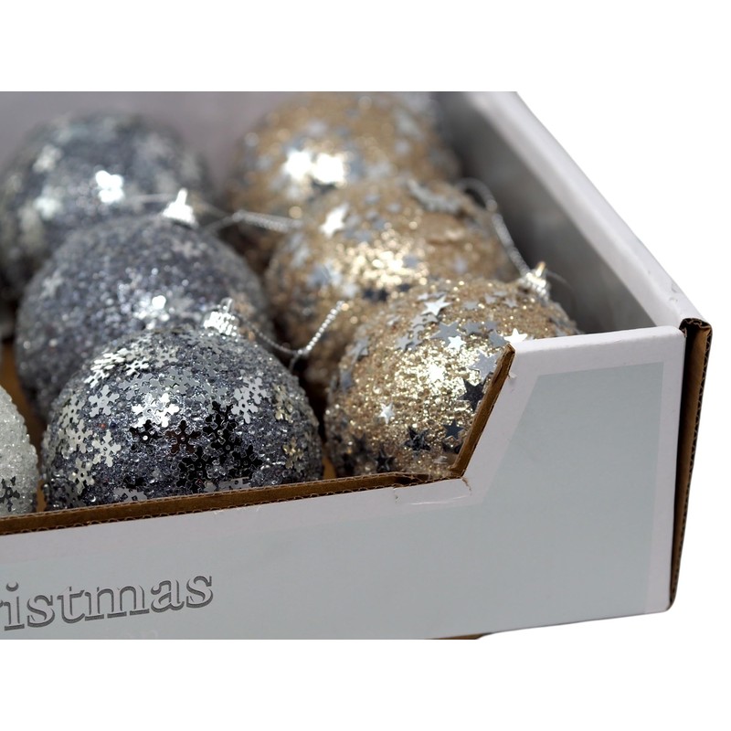 Sequin Christmas Tree Baubles - White Silver Champagne - Set
