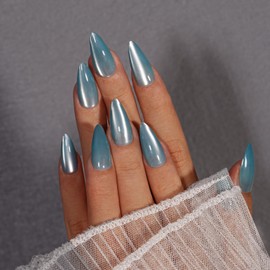 KQueenest Cat Eye Press On Nails Almond Medium, 30 Pcs Glitter Pastel Blue Press On Nails Summer, Sparkly Fake Nails With Glue, Luxury Glass Nails Press ons, Reusable Stick on Nail for Women Gift