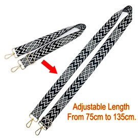 JZK Bohemian style black-white adjustable wide fabric bag strap with clips for handbag, shoulder bag strap, crossbody bag strap replacement