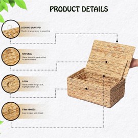 LUSYDECO Set of 3 Wicker Storage Baskets with Lid, Large Rectangular Rattan Basket Decorative Boxes, Natural Water Hyacinth Wicker Basket for Shelf Organizer, Nursery Room