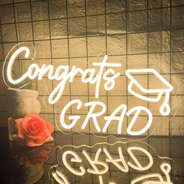 Congrats Grad Neon Sign with Graduation Cap Led Sign, Warm White Grad Neon Light for Wall Decor, Dimmable Congrats Light Up Sign for Class Party Birthday Room Dorm Backdrop Celebration Presents