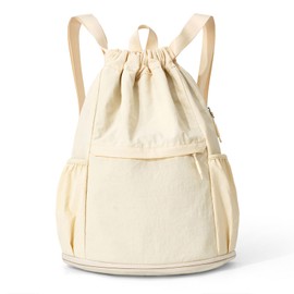 Boziee Sports Gym Bag, Drawstring Sports Backpack, Waterproof Daypack, Gym Bag, Sports Bag with Mesh Pockets, Shoe Compartment for School, Sports, Swimming, Travel and Outdoor Use, White, Unit size