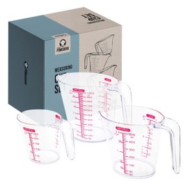 Chef Pomodoro 3-Piece Measuring Cups, Multiple Measurement Scales - Includes 1, 2 and 4 Cup with Ml and Oz Measurement, BPA-Free, Plastic Measuring Cup Set, Stackable Nesting, Red Measurements