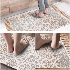 INKAROBOX Cotton Rugs with Tassel, Woven Cotton Throw Rug Runner for Kitchen, Living Room, Bedroom, Laundry Room, Entrance Area (Flowers, 60 x 90 cm)