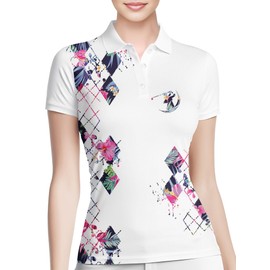HIVICHI Funny Argyle Golf Shirts for Women Print Crazy Floral Polo Shirt, Medium, Aop-wpol-66097