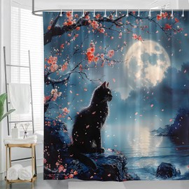 JONSEQIN Japanese Black Cat Shower Curtain Rustic Floral Farmhouse Animals Kitten Under The Full Moon Cherry Blossoms Tree Asia Chinese Style Ink Painting Bathroom Decor Curtains 70x70 inch with Hook