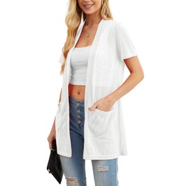 QIXING Womens Summer Cardigan Lightweight Short Sleeve Long Cardigan - Sun Protection, Breathable, Soft Cardigans Perfect for Summer Nights, Office and Dating (White, L)