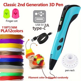 3nd Generation 3D Printing Pen with 12 Colors Filament USB Type-C Charging 118FT/36M PLA  DIY Sculpting Tools Creative Learning Art:_Blue (Third Generation deluxe Upgraded version）_1 Set