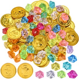 GOLDGE 100 Pieces Gold Coins Pirate Treasure Set with 50 Gold Coins Children and 50 Pirate Gemstones Perfect for Pirate Decoration Children's Birthday Treasure Chest Children's Birthday Party