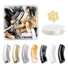 BEEFLYING 42 Pieces Acrylic Curved Tube Beads Kit Plastic Curved Noodle Beads with Brass Discs Beads Elastic Crystal Thread Lined Loose Beads for Jewellery Making Craft Supplies