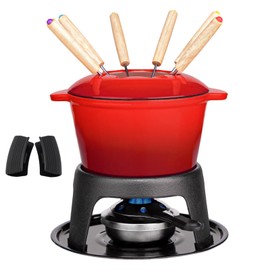 Mabeeze Cast Iron Fondue Pot Set for Cheese, Chocolate or Meat - Red Enameled 1.6 Qt Pot - Includes 6 Fondue Forks