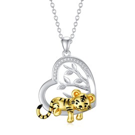 LONAGO Animal Necklace 925 Sterling Silver Tiger Cow Lion Alpaca Lama with Tree of Life Pendant Necklace Jewellery for Women, Sterling Silver, Cubic Zirconia