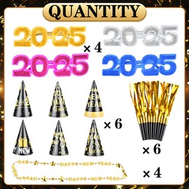Abitoncc 2025 Glasses, New Years Eve Glitter Glasses, 6 PCS Blowouts Noisemakers, 6 PCS Happy New Year Hats，Novelty New Years Glasses New Years Eve Party Decorations 2025 New Years Eve Glasses