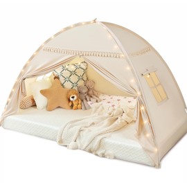 Toddler Canopy Lights & Flags Indoor Floor Bed Kids Tent Playhouse Portable & Foldable Twin Bunk Bed Curtains Girls & Boys House Bedroom Privacy Space Sleeping Tents Gifts Golden Beige Large Size