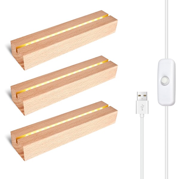 LED Base for Acrylic Glass, Pack of 3 LED Light Bases USB Made of Wood, Rectangle Illuminated Display Stand, LED Lights Display Base Wooden Base Light Base for Acrylic Plate Crystals Glass Plate