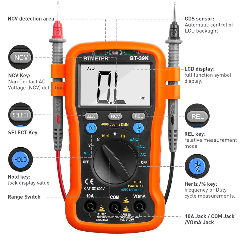 BTMETER BT-39K Digital Multimeter with Case, 4000 Count Volt Ohm