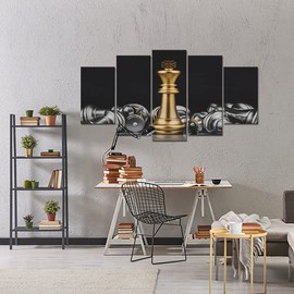 VANSEEING 5 Panel Chess Canvas Wall Art Prints King and Knight Game Picture Painting Black and Gold Artwork for Home Office Decoration Ready to Hang