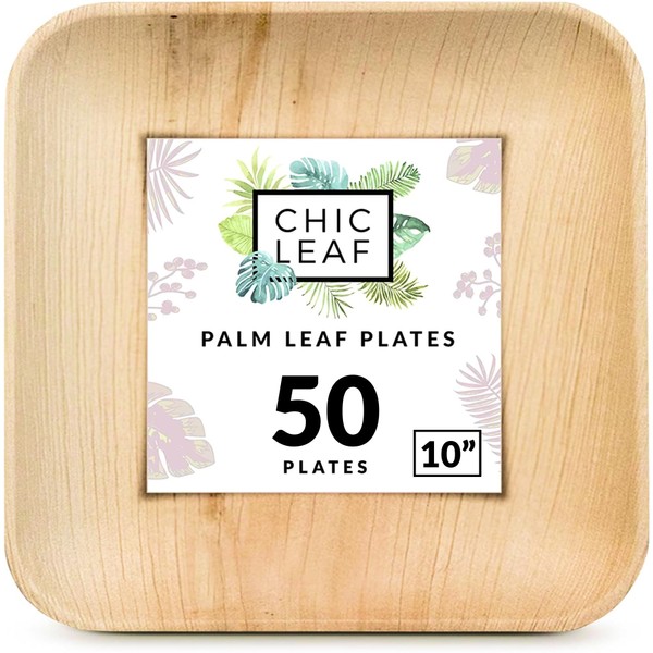 Chic Leaf Palm Leaf Plates Disposable Bamboo Plates Like 10 Inch Square (50 Pc) - 100% Compostable Plates Perfect For Wedding and Party Entrees - Better than Plastic and Paper Plates