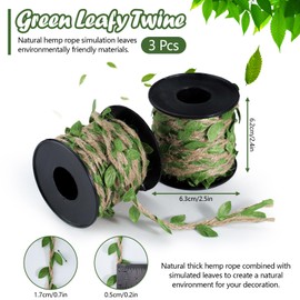 LELE LIFE 3 Rolls 33FT Natural Twine String, Artificial Leaf Jute Twine Rope Hemp Burlap Ribbon for Crafts, Decorative Vines for Jungle Safari Birthday Party Decorations, Green Leaf