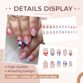 24Pcs 4th of July Press on Nails Short Almond French Tip Fake Nails American Flag Star False Nails Independence Day Red Blue Polka Dots Full Cover Acrylic Nails Patriotic Glue on Nails for Women